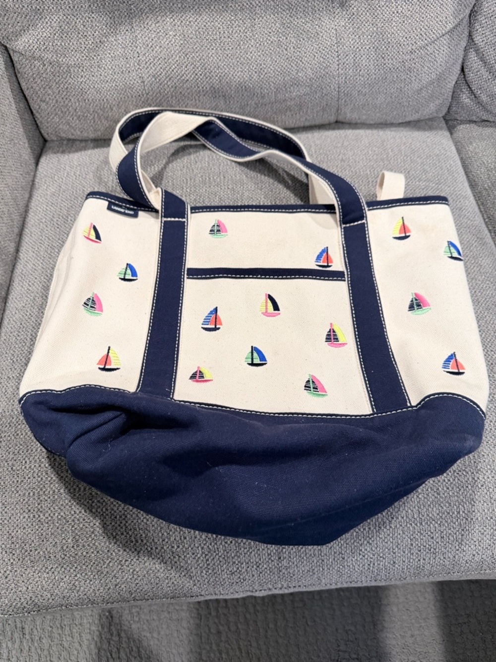 Lands' End Cream Canvas Tote with Navy Trim and Colorful Sailboats
